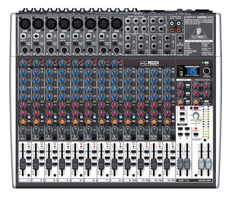 XENYX X2222USB Premium 22-Input 2/2-Bus Mixer with XENYX Mic Preamps & Compressors, British EQs, 24-Bit Multi-FX Processor and USB/Audio Interface Premium ultra-low noise, high headroom analog mixer 8 state-of-the-art, phantom-powered XENYX Mic Preamps comparable to stand-alone boutique preamps 8 studio-grade compressors with super-easy one-knob functionality and control LED for professional vocal and instrumental sound Neo-classic British 3-band EQs with semi-parametric mid band for warm and musical sound New studio-grade FX processor with 16 editable presets including reverb, chorus, flanger, delay, pitch shifter, multi-effects, Tap function and storable user parameter settings Built-in stereo USB/Audio Interface to connect directly to y