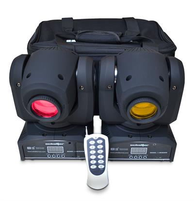 Paquete de 2 cabezas móvil mini beam LED de alta velocidad con gobos 1x30w. Cuenta con 8 gobos y 8 colores. Manejo, automático, audio-rítmico y DMX