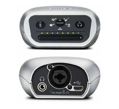 Interfaz de audio digital, entrada combo XLR / ¼", phantom power, salida a audífonos, 5 preseleccio-nes de grabación, compatible con iOS, Android, Mac y PC, incluye cables USB y Lightning.