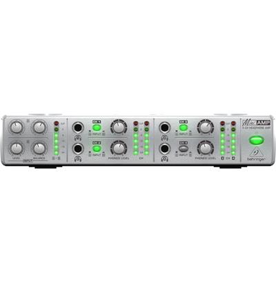 Sistema de amplificación de audífonos ultra compacto para aplicaciones de estudio y escenario, medidor LED para control de nivel, 2 entradas estéreo balanceadas, 2 salidas de audífono por canal, potenciómetros de alta calidad y switches luminosos.