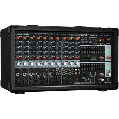 Consola mezcladora activa UROPOWER PMP2000D, 14 canales (6 mono y 4 estéreo), procesador Multi FX Klark Teknik con 25 preajustes que incluyen reverb, chorus, flanger, delay, pitch shifter y varios multiefectos, opción Wireless para sistemas digitales inalámbricos Behringer (no incluidos), potencia de 2 x 1000 watts, revolucionaria tecnología Clase D