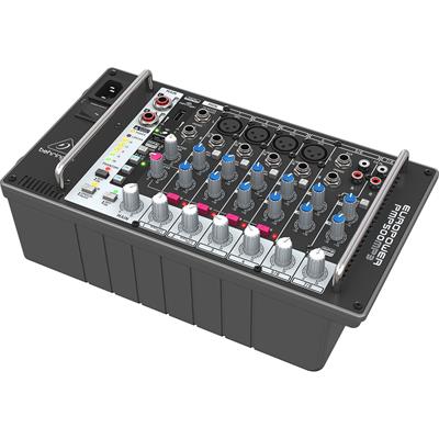 Mezcladora amplificada ultra compacta de 8 canales (4 mic y 2 estéreo), potencia de 500W, reproductor MP3 de alto rendimiento por medio de una memora USB, reverb estéreo con calidad de estudio y opción inalámbrica para el sistema inalámbrico digital de Behringer (no incluido), enorme potencia increíble rendimiento sonoro y súper ligera, función de prioridad de voz sobre transmisión para cuando se utilicen micrófonos, 4 preamplificadores de micrófono