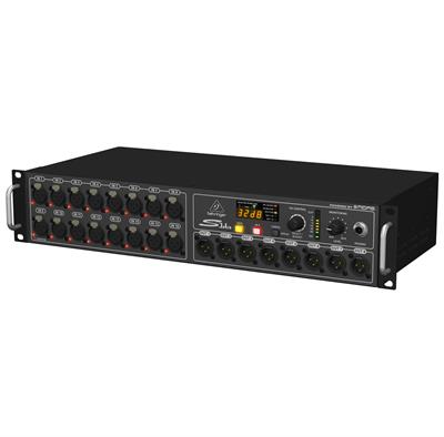 Snake con 16 preamps con diseño MIDAS completamente programables, 8 salidas XLR análogas servo balanceadas y puerto de red AES50 con tecnología SuperMAC de Klark Teknik para jitter y latencia ultra baja, conectividad ULTRANET para sistema de monitoreo personal P16 de Behringer, conectividad digital de audio y control para sistemas de altavoces Turbosound