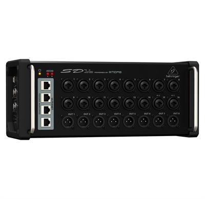 Snake digital con 16 preamps combo MIDAS de micrófono totalmente programables, 8 salidas XLR servo balanceadas, puertos de red AES50 con capacidad de red SuperMAC de Klark Teknik para jitter y latencia ultra baja, hub de distribución ULTRANET de 4 puertos para mezcladoras de monitoreo P16-M de Behringe