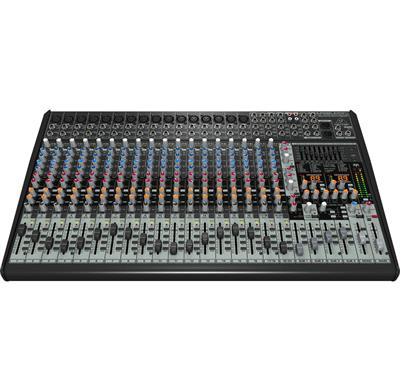 Mezcladora analógica para estudio o audio en vivo, serie EURODESK, 24 entradas y 4 buses, diseño de ruido ultra bajo, 16 preamsp Xenyx, EQ británico neo clásico de 3 bandas con media banda semi paramétrica, 2 procesadores multi efectos independientes de 24 bits con 99 preajustes, EQ gráfico estéreo de 9 bandas, sistema FBQ