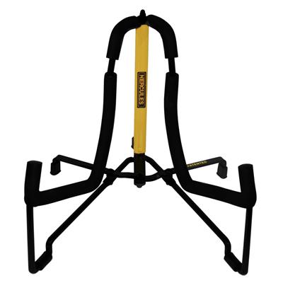 Mini soporte hercules para guitarra acústica, con cubierta de espuma para protección.