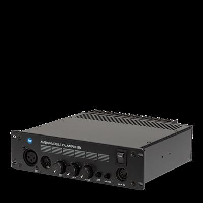 AM 6020
MOBILE AMPLIFIER
2 UNBALANCED AUX STEREO INPUTS ON DIN CONNECTOR
1 BALANCED MICROPHONE INPUT ON DIN CONNECTOR
1 BALANCED MICROPHONE INPUT ON XLR CONNECTOR
CIRCUIT FOR AUTOMATIC ATTENUATION OF MUSIC IN THE PRESENCE OF ANNOUNCEMENTS

