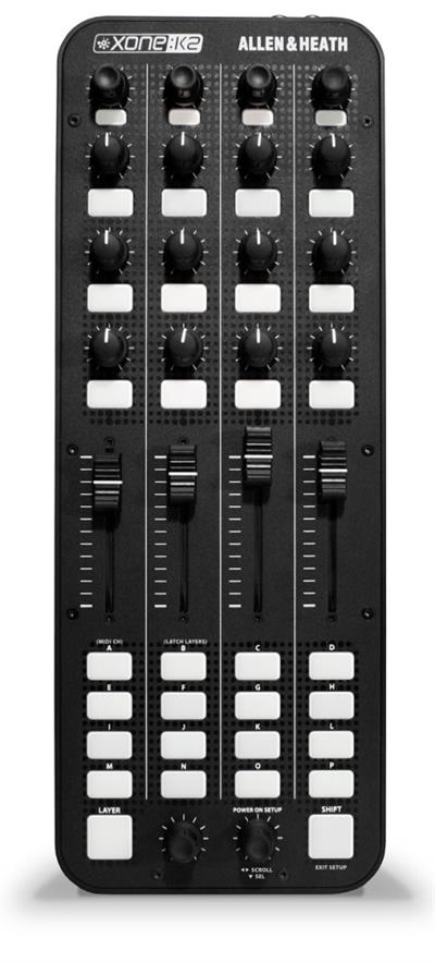 XONE: K2
Xone: K2 es un controlador MIDI universal compacto y delgado, que incorpora una tarjeta de sonido de 4 canales, para usar con cualquier software de DJ.

Con no menos de 52 controles de hardware que brindan hasta 171 comandos MIDI en 3 capas, además de la capacidad de vincular múltiples unidades usando X: LINK, ahorrando puertos USB en su computadora, Xone: K2 tiene el poder y la flexibilidad para ponerlo en contacto con las funciones y características de su software