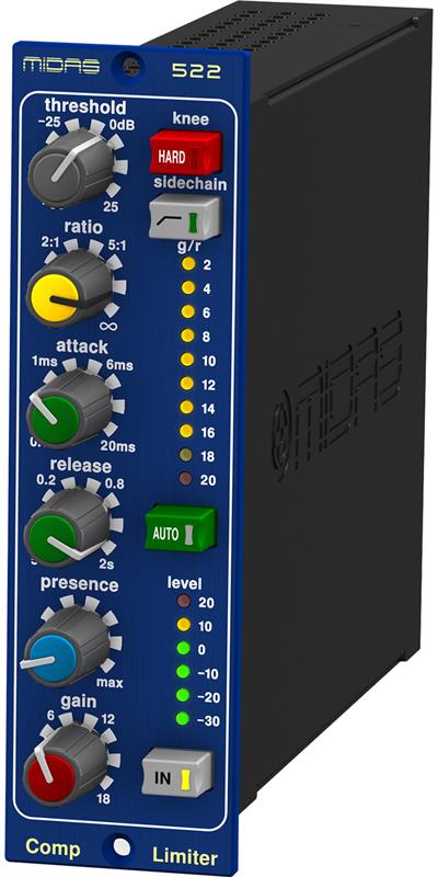 Compresor/limitador con control de presencia dinámico, serie 500, la característica de presencia dinámica completamente variable conserva las frecuencias altas de rango medio para un sonido más natural durante la compresión, el control de presencia dinámico agrega "aire" a las voces sin reducir ruido o efectos de bombeo y reduce el riesgo de retroalimentación durante los shows en vivo
