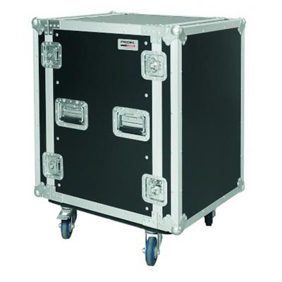 ESTUCHE DE RACK DE 19" PARA 16 UNIDADES CON 4 RUEDAS DE 100MM (2 CON FRENO) DE MADERA CONTRACHAPADA.