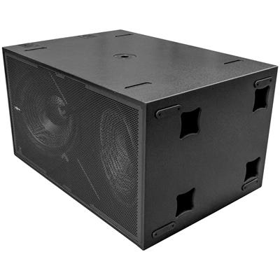 Subwoofer activo dual controlado por DSP de 18", ideal para giras, renta e instalación fija, 2 drivers Audiocenter personalizados de 18" (bobina móvil de 4"), 3 filtros pasa-bajos seleccionables por el usuario (80Hz, 100Hz, 120Hz), controlador hi-end integrado (DSP) con frecuencia de muestreo de señal de 96 kHz y precisión de 56 bit, modo standby automático