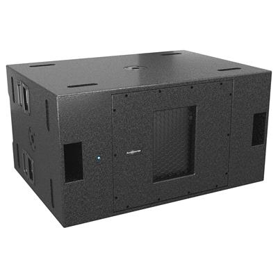 Subwoofer activo con dos altavoces AudioCenter personalizados de 18” cada uno, imán de ferrita, bobina móvil 4” y gabinete de madera, amplificador clase D, potencia de 4000W pico, 140 dB máximo, respuesta de frecuencia de 20 Hz - 6 kHz, 3 filtros pasa bajas en (80 Hz, 100 Hz, 120 Hz), opción de cambio de fase, todos los botones y conectores en la parte posterior, un conector XLR