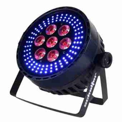 El modelo S-PAR7SMD es un cañón led de 7x12w con chasis de plástico, el cual tiene un diseño compacto y ligero, es fácil de transportar ya sea en maleta o en case, por lo tanto resulta de muy buena utilidad para DJ’s, grupos musicales, etc.  Tiene un ángulo de 50°, ésto hace que tenga mayor alcance, éste modelo cuenta con la gama de colores RGB+UV 4 en 1, 108 led SMD de 0.2w RGB.
