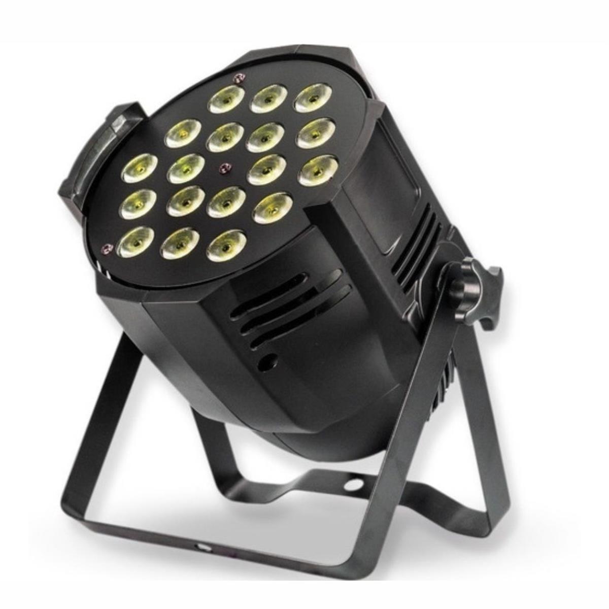 Par LED 18 x 15 Watts, RGBW 4 EN 1 Full Color (ROJO, VERDE, AZUL, BLANCO) 4/8 canales DMX512, cuerpo Metálico, activación Audio rítmica, Automática, DMX512 y Maestro-Esclavo, cambio de Colores rápidos y velocidad ajustable.