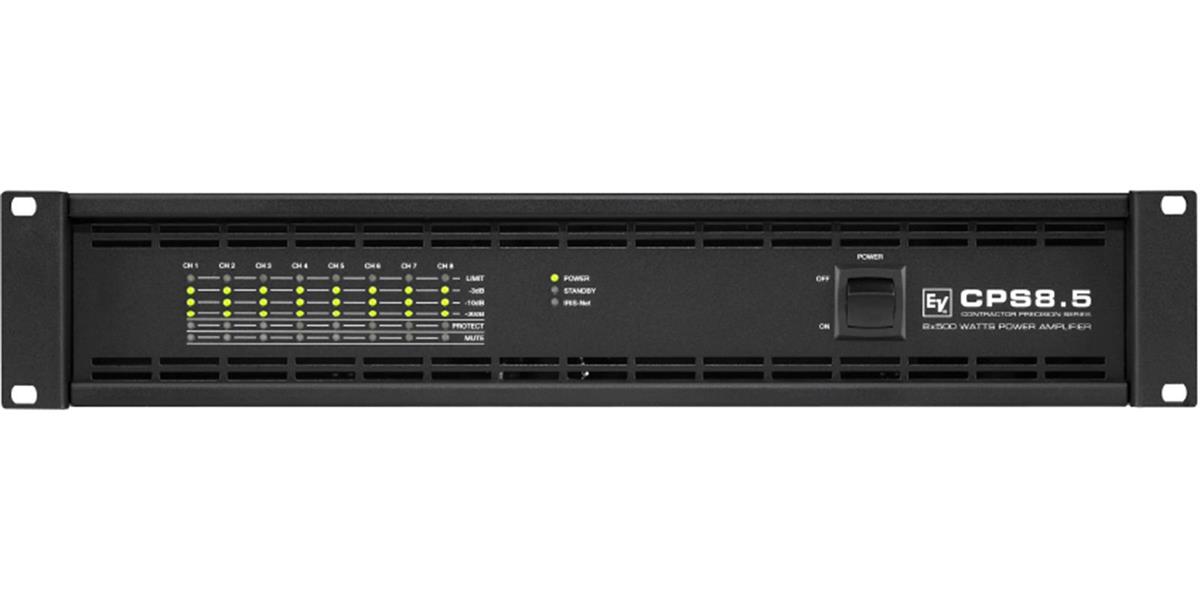 Amplificador de potencia, 8 canales, 500 watts por canal, operación a 70/100 V para sistemas distribuidos, diseño Clase D, ranura para módulo RCM-opcional que permite control y monitoreo IRIS-Net, selección IRIS-Net por cada impedancia de canal, atenuadores montados en la parte trasera, filtro de paso alto 50 Hz conmutable (modo Hi-Z), conectores Phoenix de entrada y salida, ventiladores de frentehacia la parte posterior, 2 unidades de rack