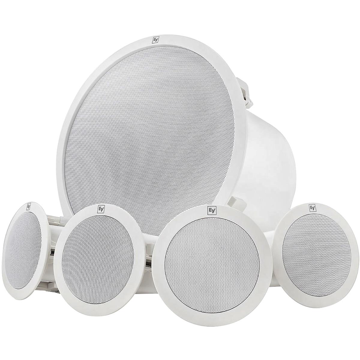 Juego de bafles EVID pasivos de techo para instalación, 4 bafles EVID C2.1 y un bafle EVID 40C, diseño de instalación rápida con pestañas de montaje cautivas para adaptarse a casi cualquier construcción de techo, conectores Phoenix de 4 pines que admiten cableado pass-thru, clasificaciones UL 2043/1480 que permiten el uso en aplicaciones de señalización y espacios al aire, plantillas de recorte de techo y todos los accesorios de montaje incluidos, terminado en color blanco.