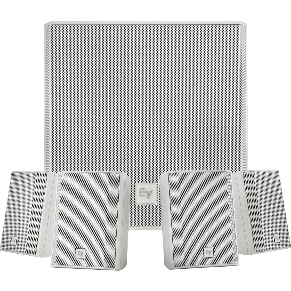 Juego de bafles EVID pasivos para instalación, color blanco, subwoofer con transductor de 8" pulgadas de alto rendimiento con red de crossover multimodal de alta frecuencia, gabinete compacto de madera de alta densidad con puerto para respuesta extendida de graves, rejilla de altavoz segura y sistema de soporte deslizable de montaje rápido, altavoces satélite con driver de frecuencia alta/media de 2" pulgadas de amplio rango, soporte compacto de montaje multi ángulo que permite unagran variedad de ángulos, gabinete rígido de ABS de alto impacto para una mayordurabilidad.