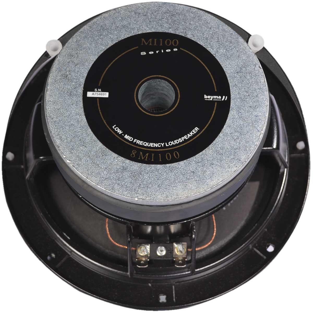 Bocina de 8" pulgadas, impedancia: 8 ohms, potencia AES: 250 watts, programa: 500 watts, sensibilidad: 98 dB, rango de frecuencia: 150 - 7,000 Hz, bobina móvil: 2" pulgadas, peso: 3.1 kg, imán: ferrita.
