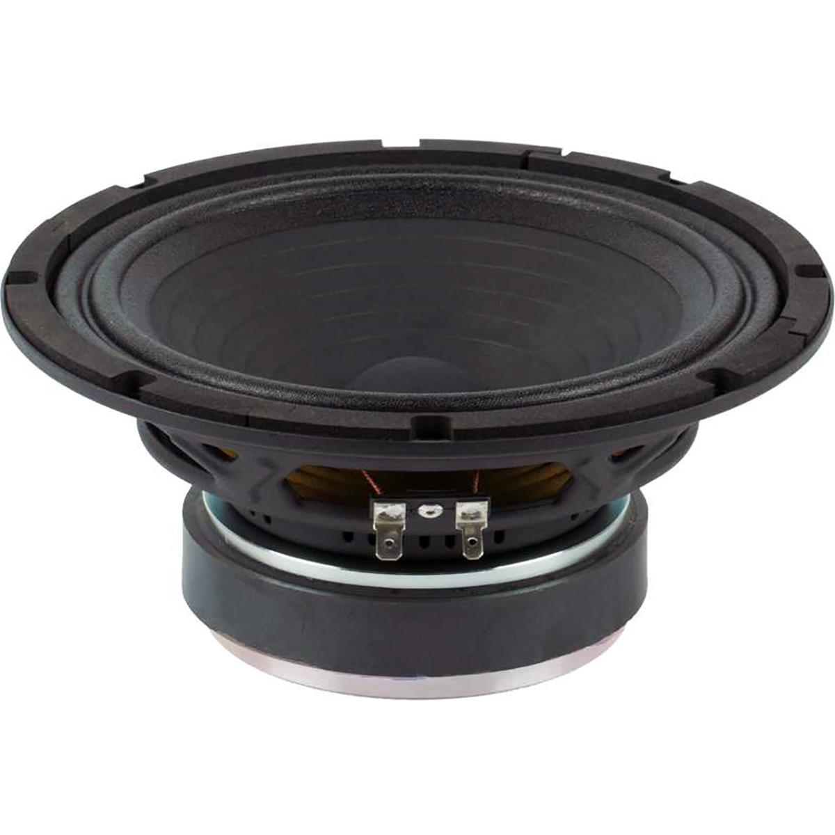Altavoz de 8" pulgadas, impedancia: 8 ohms, potencia AES: 250 watts, potencia programa: 500 watts, sensibilidad: 94 dB, rango de frecuencia: 80 - 8,000 Hz, bobina móvil: 1.5”, peso: 2.4 kg, imán: ferrita.