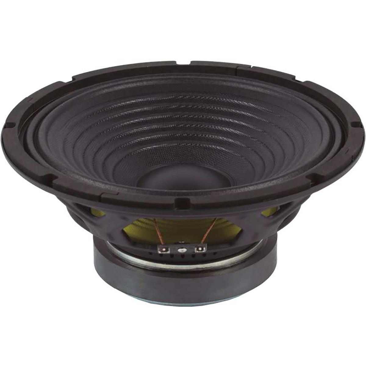 Altavoz de 10" pulgadas, impedancia: 8 ohms, potencia AES: 250 watts, potencia programa: 500 watts, sensibilidad: 95 dB, rango de frecuencia: 60 - 5,000 Hz, bobina móvil: 1.5”, peso: 3.1 kg, imán: ferrita.