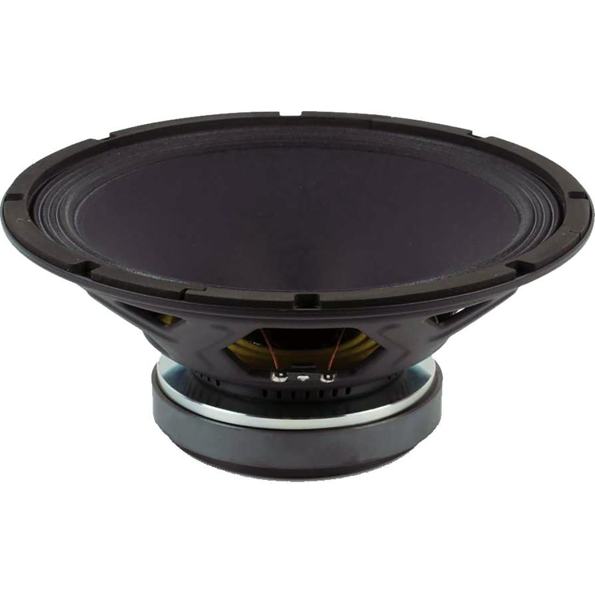 Altavoz de 12" pulgadas, impedancia: 8 ohms, potencia AES: 320 watts, potencia programa: 640 watts, sensibilidad: 96 dB, rango de frecuencia: 60 - 5,000 Hz, bobina móvil: 2.5”, peso: 4.6 kg, imán: ferrita.