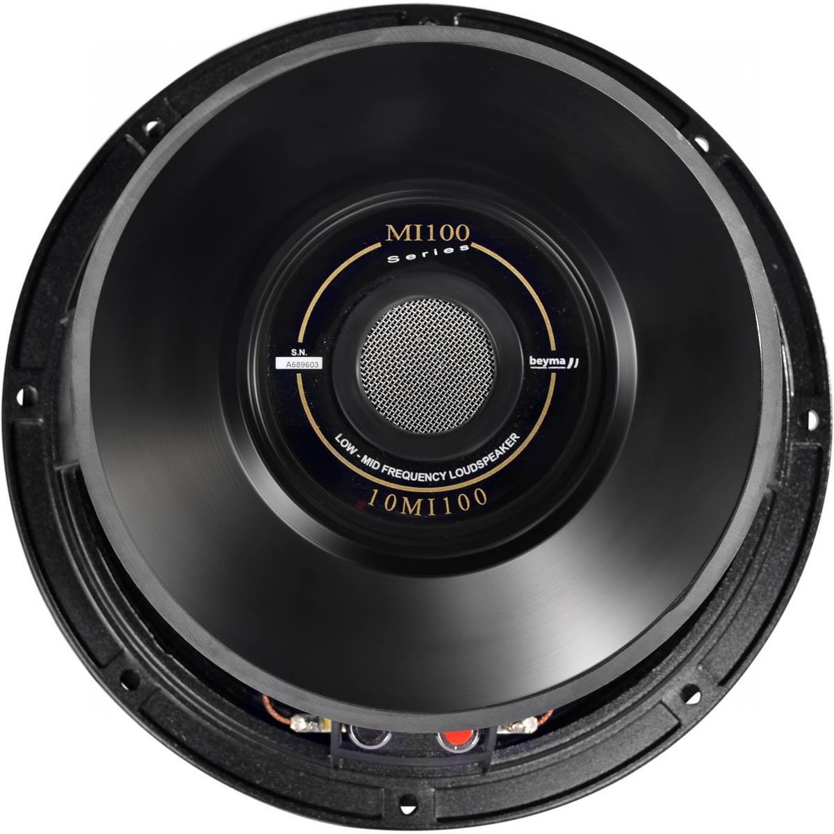 Bocina de 10" pulgadas, impedancia: 8 ohms, potencia AES: 350 watts, programa: 700 watts, sensibilidad: 98 dB, rango de frecuencia: 70 - 4,000 Hz, bobina móvil de 3" pulgadas, peso: 7.1 kg, imán: ferrita.