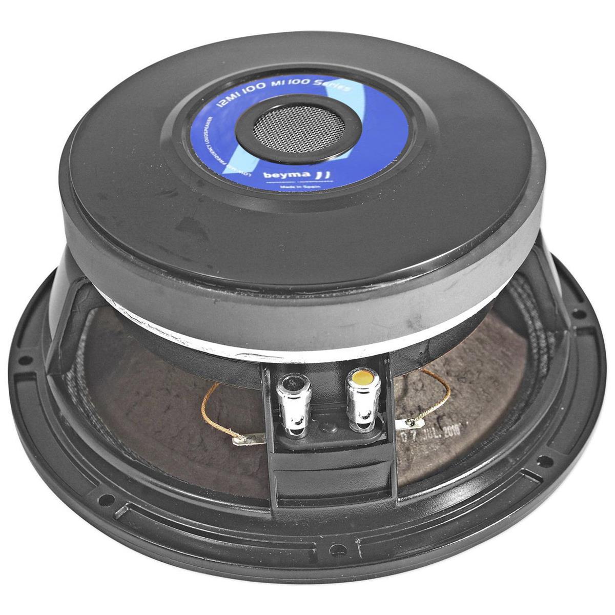 Bocina Beyma de 12" pulgadas, impedancia: 8 ohms, potencia AES: 450 watts, programa: 900 watts, sensibilidad: 100 dB, rango de frecuencia: 40 - 4,000 Hz, bobina móvil: 3" pulgadas, peso: 7.2 kg, imán: ferrita.