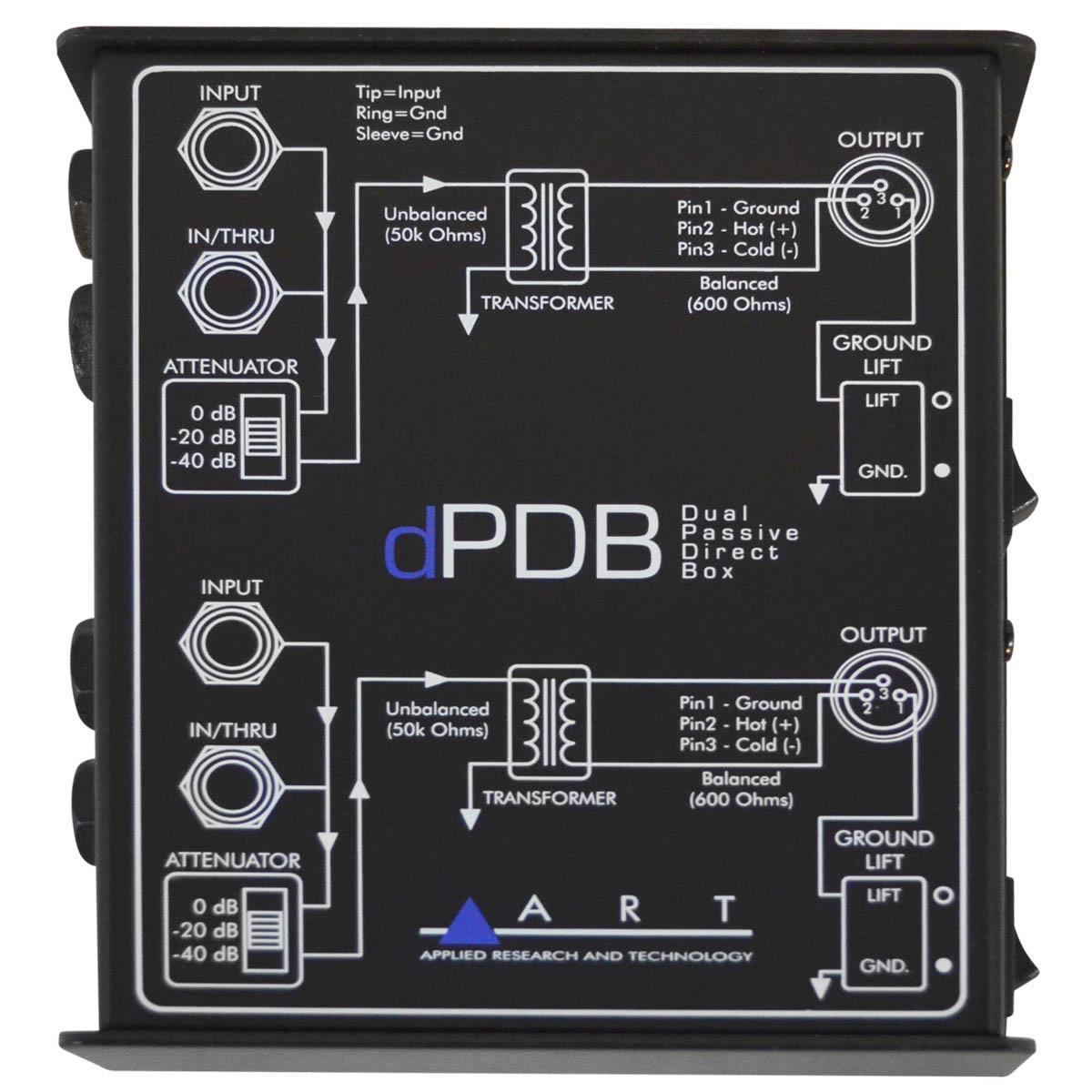 Caja directa doble y pasiva con control de atenuación y switch de tierra, atenuación de entrada conmutable, (0 dB, - 20 dB, - 40 dB), entrada de instrumento: 50 kilo-ohms, jack paralelo de 50 kilo-ohms, con conector de salida XLR de 600 ohms.