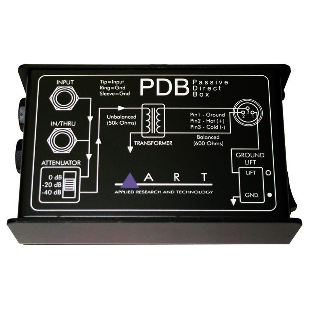 Caja directa pasiva de un canal con pad de atenuación y control de tierra, Ground-Lift conmutable, salida de instrumento de 50 kilo-ohms, dimensiones: 3” x 5” x 2” pulgadas.