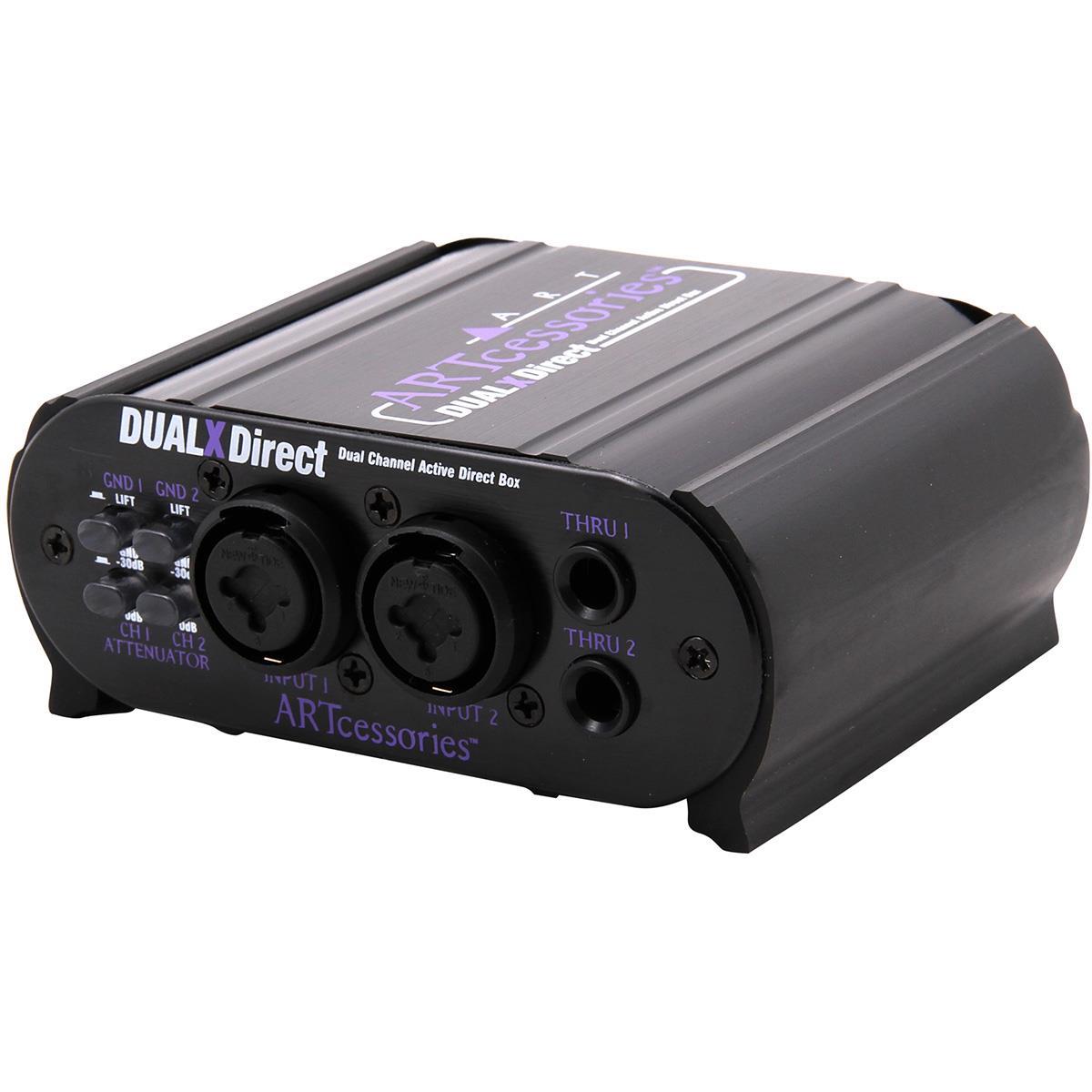 Caja directa dual activa, voltaje phantom o batería de 9V, 2 canales, entradas: 2 x XLR/TRS combo, salidas: 2 x XLR, 2 x TRS thru, medidas: 4.6 x 9.9 x 11.6 cm, peso: 0.38 kg.