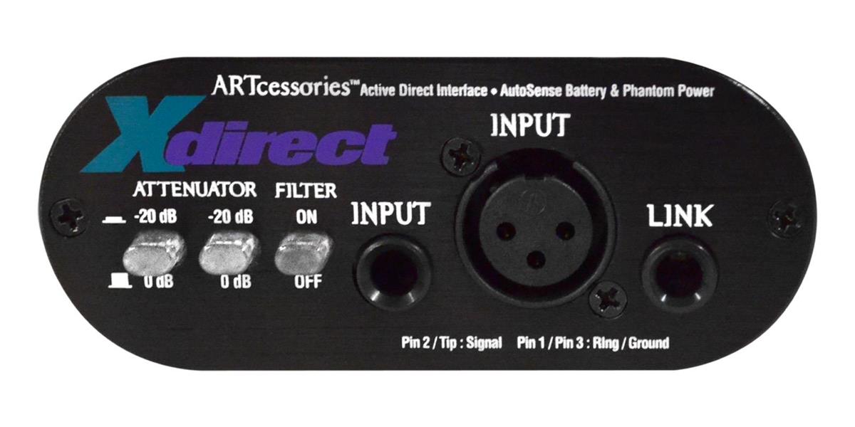 Caja directa activa con controles de pad, tierra e inversor de polaridad, respuesta de frecuencia: 10 Hz - 100 kHz, +/-.5dB @ + 0 dBu, entrada XLR y salida balanceada XLR, atenuación de -20 dB, usa pila de 9V, diámetro: 44.5 x 107 x 89 mm, .34 kg