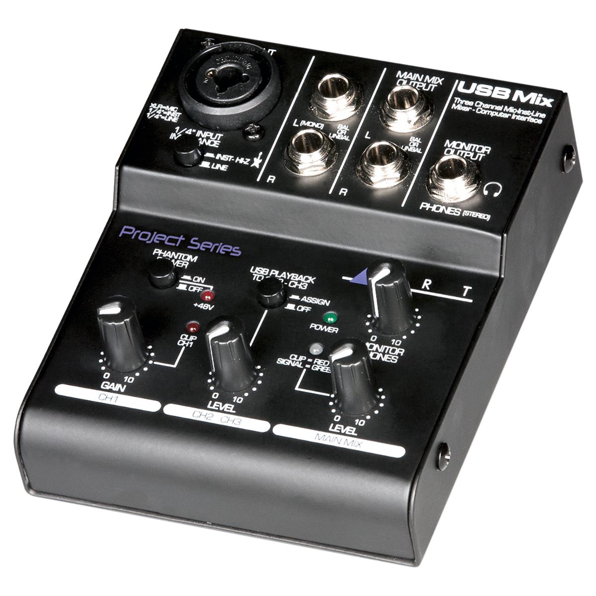 Interfaz de audio y mezcladora compacta y versátil para micrófono, instrumento y línea de 3 canales, señales analógicas de una variedad de fuentes de audio a audio USB, alimentado por USB, no se necesita una fuente de alimentación externa cuando se usa con una computadora, entradas de instrumento XLR balanceadas o desbalanceadas de 1/4" con impedancia conmutable, alimentación phantom conmutable de bajo ruido de +48 V, entradas TRS balanceadas de 1/4" para fuentes de nivel de línea estéreo o mono, conectores de salida TRS de 1/4" que funcionan con líneas balanceadas o desbalanceadas, salida de audífonos estéreo TRS de 1/4" con control de nivel independiente para monitoreo de salida.