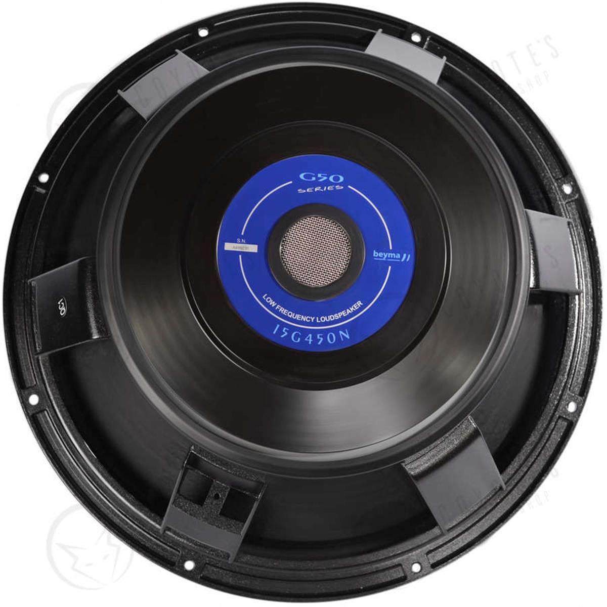 Bocina de 15" pulgadas, impedancia: 4 ohms, potencia AES: 750 watts, programa: 1500 watts, sensibilidad: 98 dB, rango de frecuencia: 40 - 1,500 Hz, bobina móvil: 4.5" pulgadas, peso: 11.5 kg, imán: ferrita.