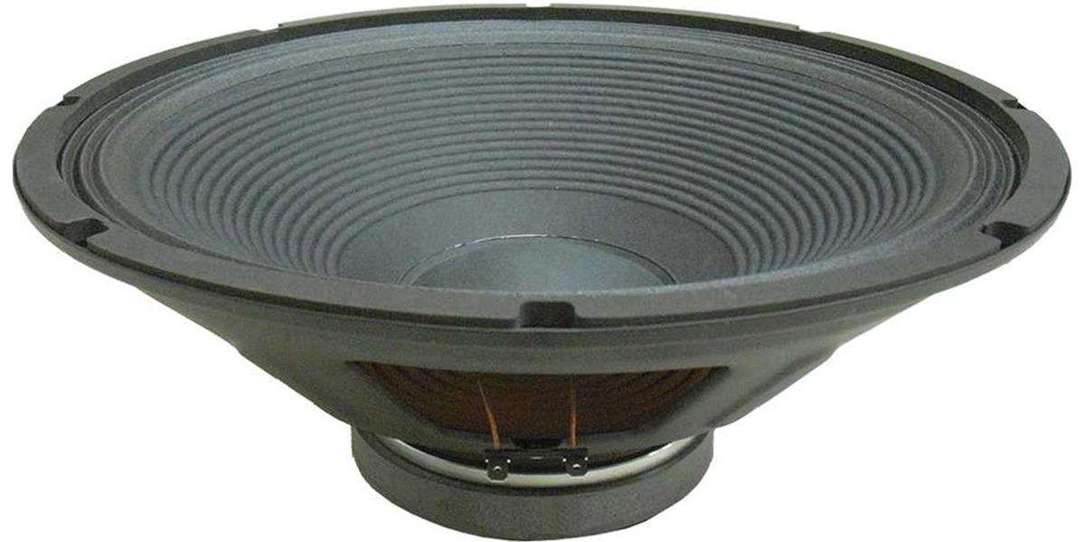 Altavoz de 15" pulgadas, impedancia: 8 ohms, potencia AES: 300 watts, programa: 600 watts, sensibilidad: 96 dB, rango de frecuencia: 35 - 2,000 Hz, bobina móvil: 2.5" pulgadas, peso: 4.7 kg, imán: ferrita.