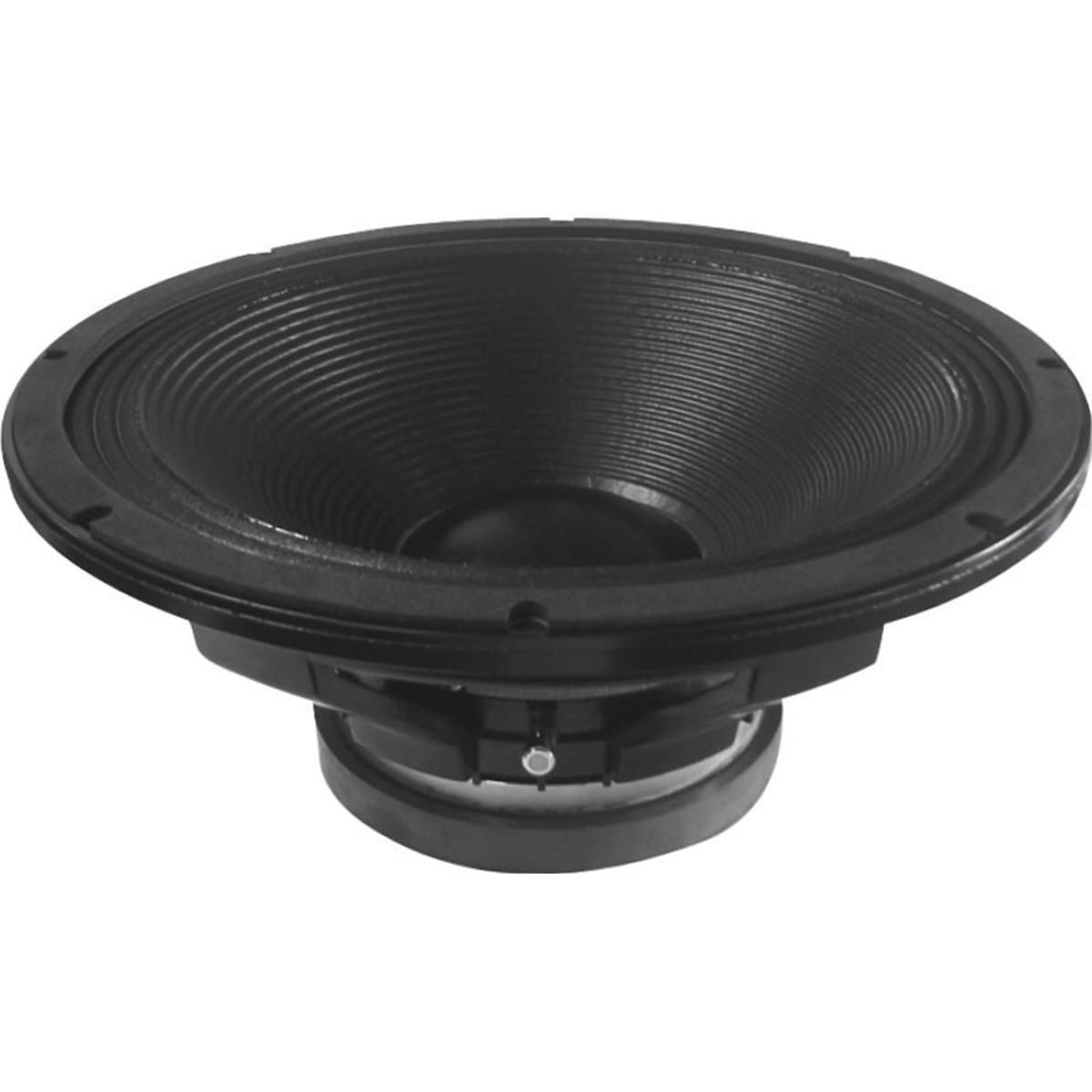 Bocina de 18" pulgadas, impedancia: 8 ohms, potencia AES: 1200 watts, potencia programa: 2400 watts, sensibilidad: 98 dB, rango de frecuencia: 30 - 2,000 Hz, bobina móvil: 4" pulgadas, peso: 13.8 kg, imán: ferrita, tecnología: MMSS.