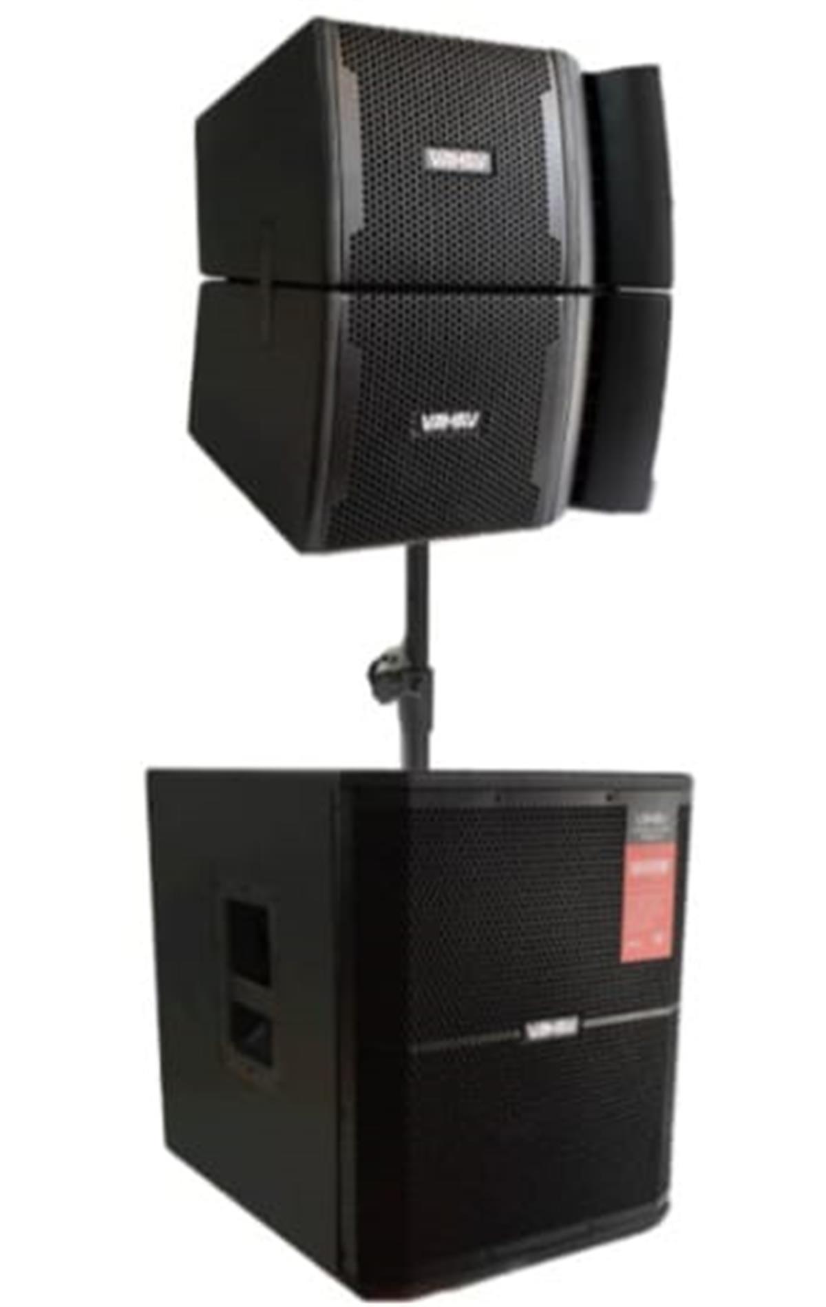 SISTEMA DE AUDIO ACTIVO CON SUB DE 15" Y DOS SATELITALES LINEALES DE 8" CON DRIVERS DE NEODIMIO 800 WATTS RMS. DSP INTEGRADO CON 5 PRESETS