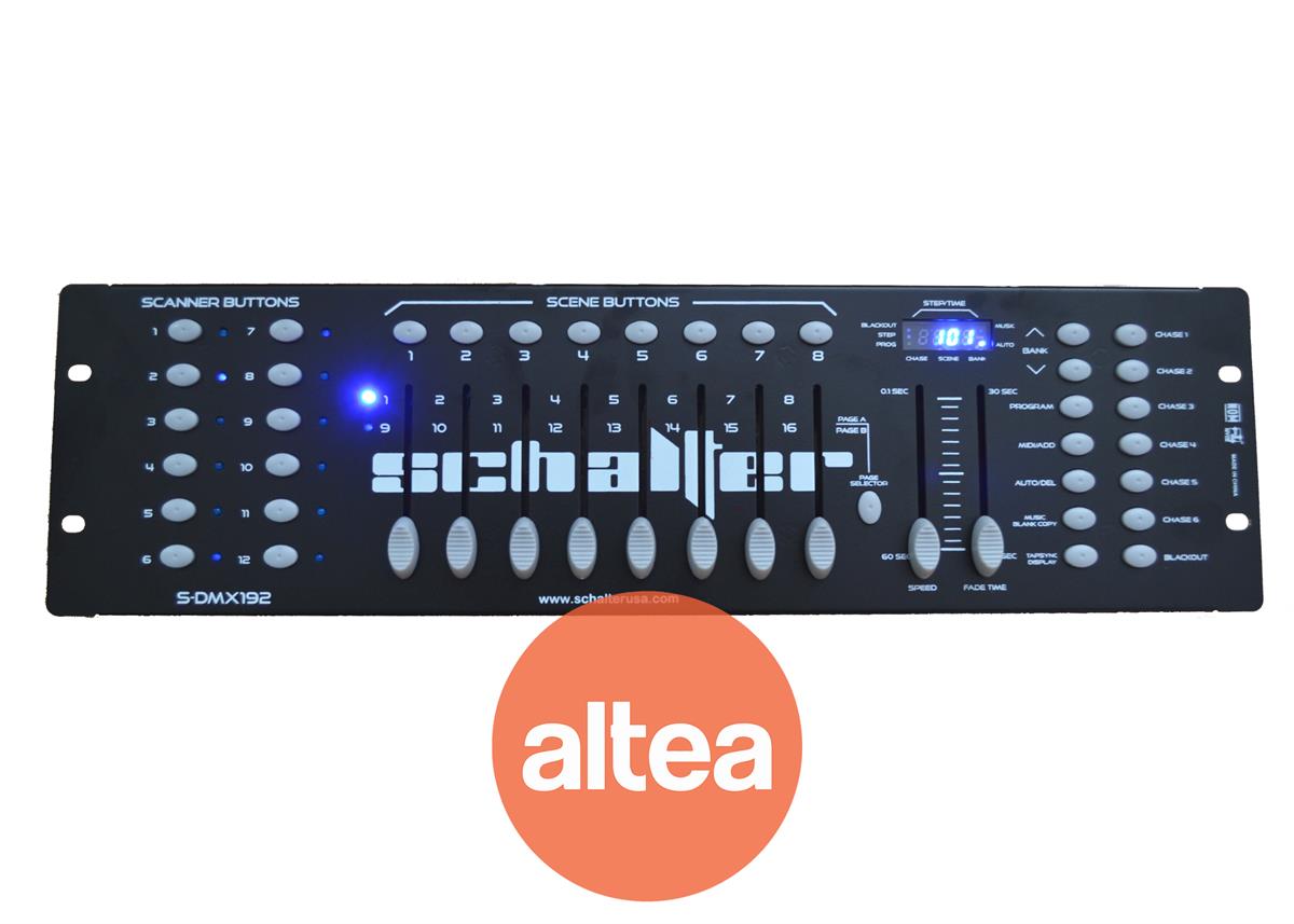 CONTROLADOR DMX 512 
8 FADERS DE CONTORL 
PAGINA A y B 
1 SALIDA DMX XLR
12 SCANERS 
8 SCENES