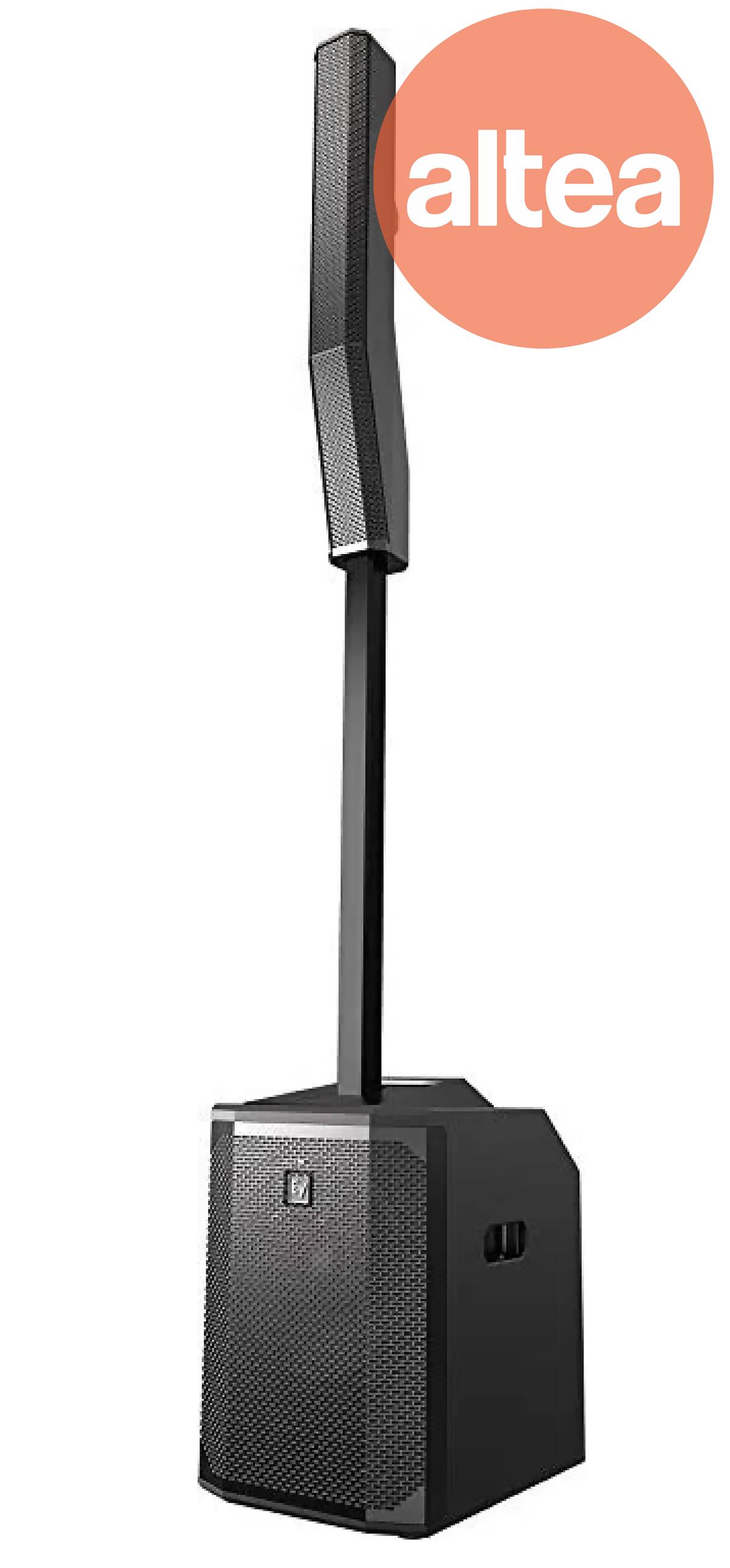 Sistema de columna Activa, 8 altavoces de 3.5", subwoofer 
de 12", 1000 W, 127 dBSPL 1 M, Mezcladora con 8 canales 
con efectos. Color negro