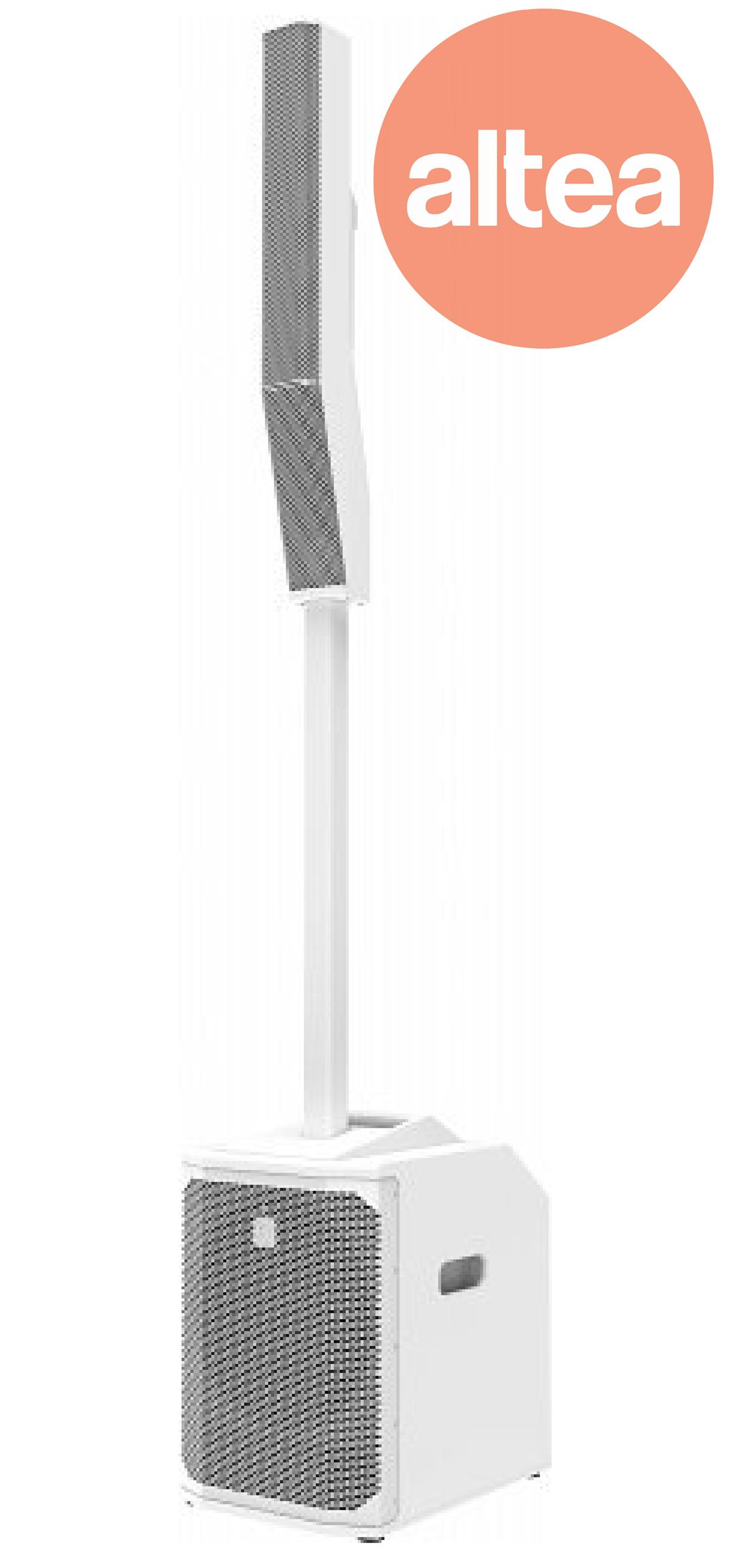 Sistema de columna Activa, 8 altavoces de 3.5", subwoofer 
de 12", 1000 W, 127 dBSPL 1 M, Mezcladora con 8 canales 
con efectos. Color blanco.