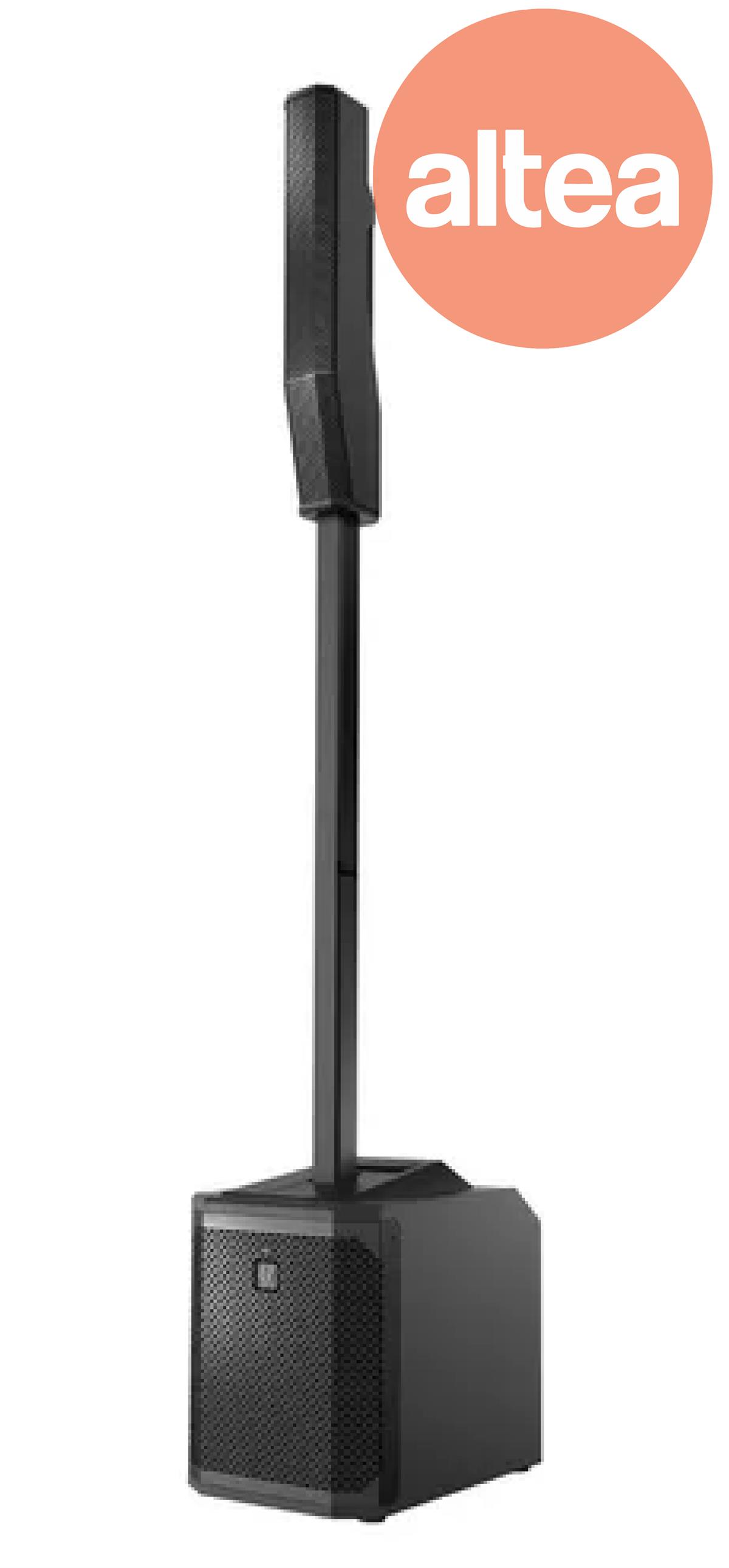 Sistema de columna Activa, 6 altavoces de 2.8", subwoofer 
de 10", 1000 W, 123 dBSPL 1 M, Mezcladora con 8 canales 
con efectos. Color negro 