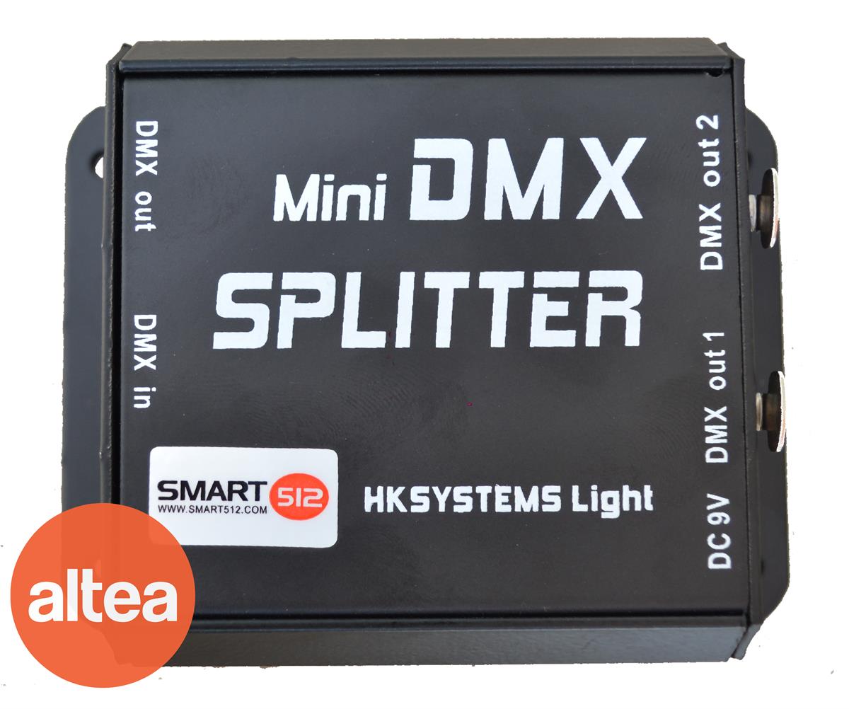 MINI DMX SPLITTER
Amplificador de señal dmx para luminarias 
1 entrada 3 salidas 
Fuente de alimentación Eliminador de 9v