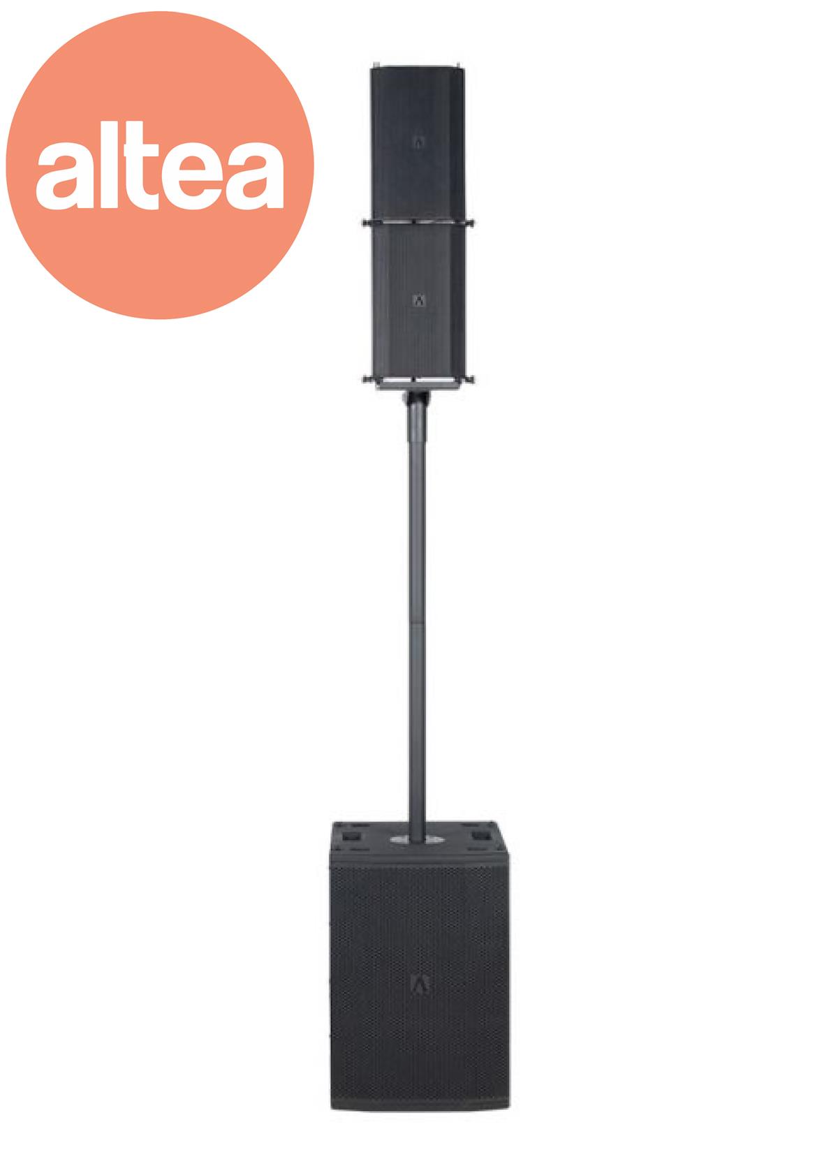 Systema portátil montado en poste,
incluye 2 altavoces y un subwoofer.