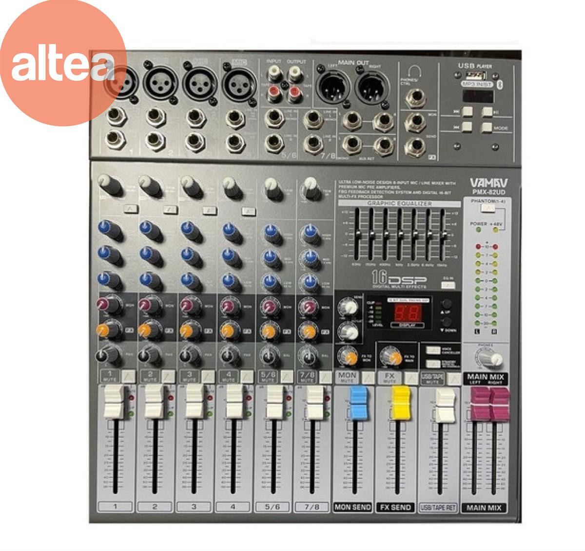 MIXER 4CH MONO + 2ST 
(REPRODUCTOR USB, EQ GRAFICO DE 
7 BANDAS Y PROCESADOR DE VOZ)