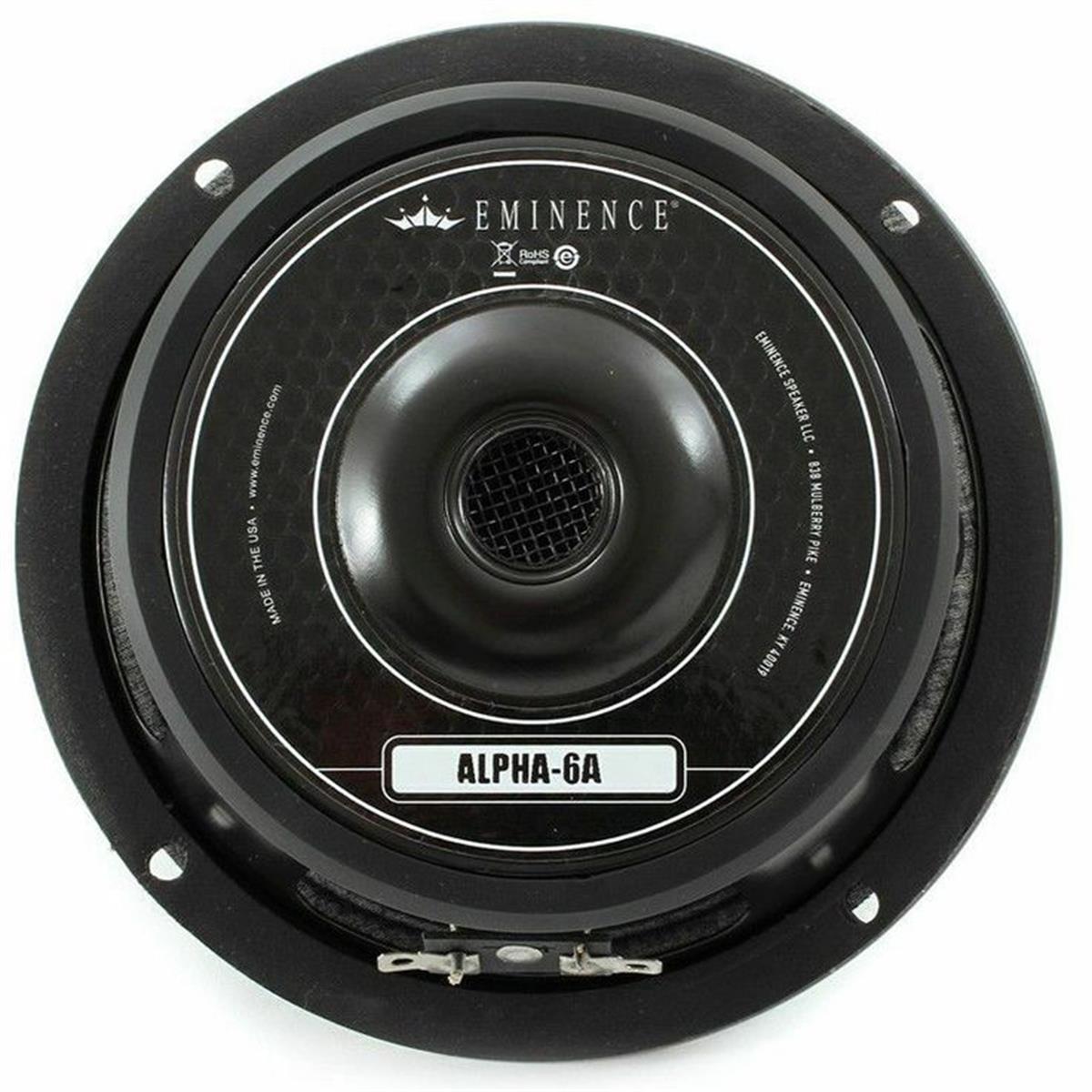 Diámetro nominal de la cesta	6", 165mm
Impedancia nominal*	8 ohmios
Potencia nominal*
Potencia del programa	200W
vatios	100W
Resonancia	103 Hz
Rango de frecuencia utilizable	95 Hz - 6 kHz
Sensibilidad*	93,6dB
Peso del imán	20 onzas
Altura del espacio	0,25", 6,4 mm
Diámetro de la bobina de voz	1,5", 38mm
