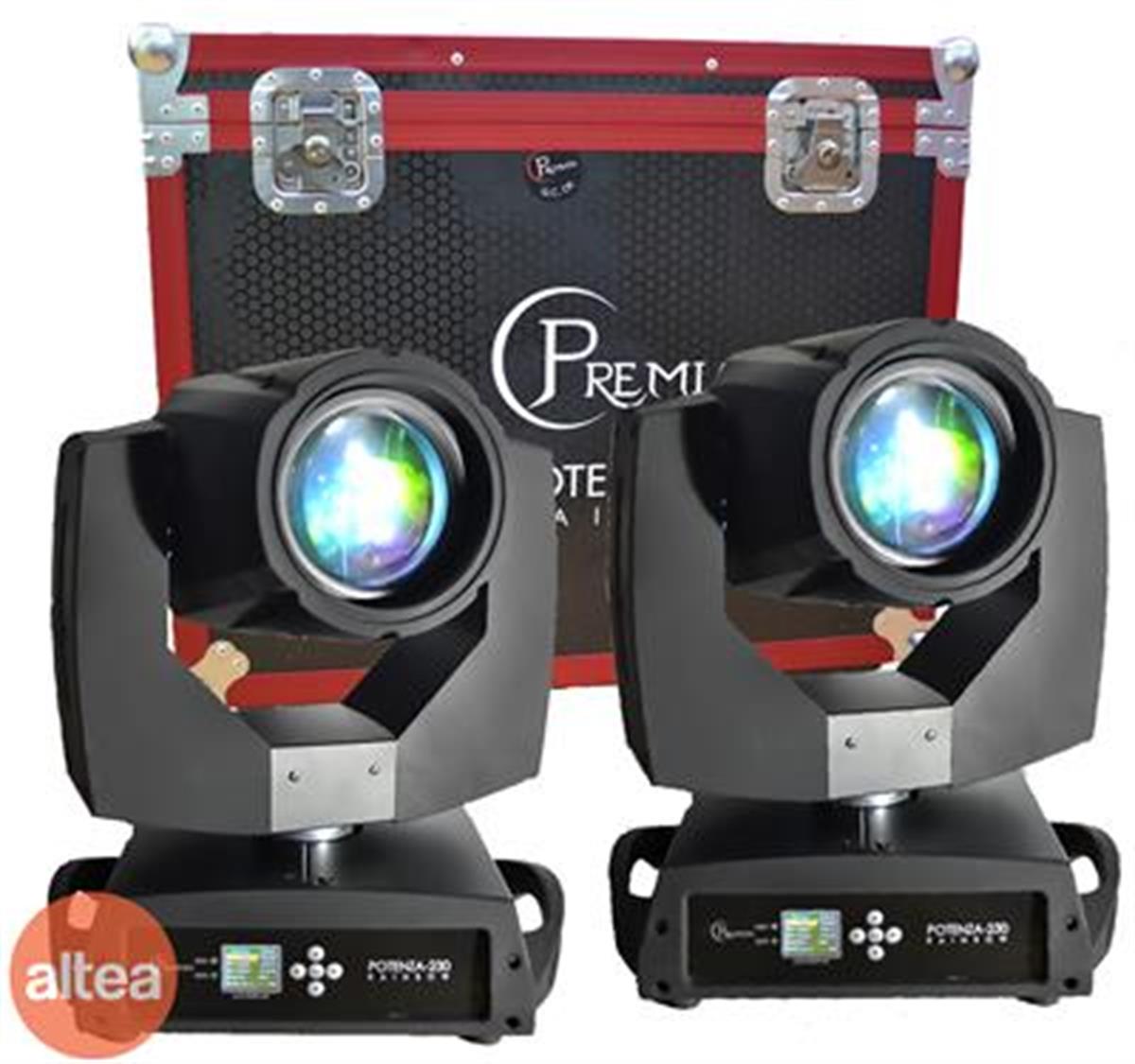 2 Cabezas movil con case, lampara 230w, Disco de 12 Gobos + 6 Gobos Dicroicos, Prisma de 24 caras, Efecto Arco iris, Disco de 15 Colores, Pantalla táctil