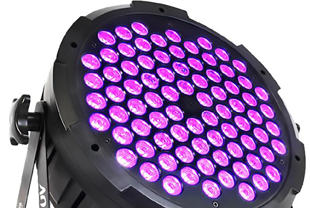 Par LED de alta potencia Luz negra ultra violeta,
80 LED x 3 WATTS, 7 canales, programación 
integrada DMX512 LED. Activación audiorítmica, 
pre-programada, automática y modo Maestro 
Esclavo.
