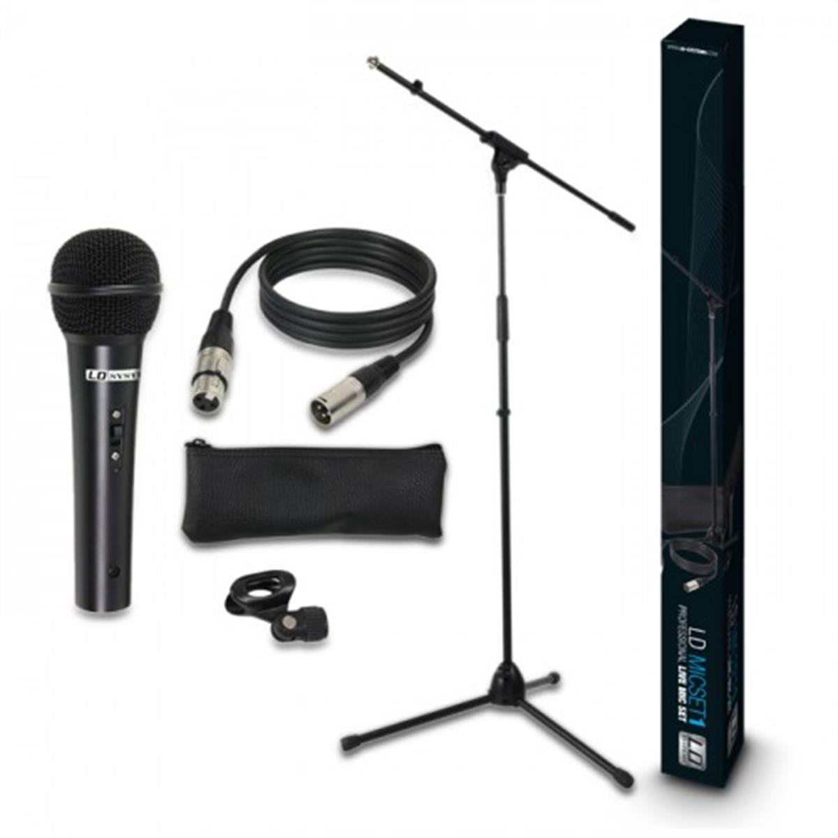 Este set incluye los componentes principales que necesita un cantante: un micrófono diseñado para escenarios con su funda de transporte, un soporte resistente de micrófono con pinza de micro, y un cable de micro de 5 m con conectores XLR.