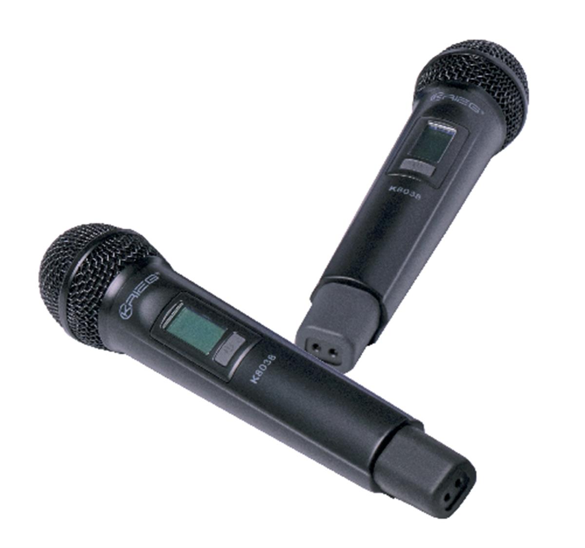 El modelo inalámbrico Krieg® K8038 tiene la característica de escanear frecuencias disponibles, 99 canales preﬁjados y se dispone de hasta 560 frecuencias. Sincronización con el receptor, vía puerto infrarrojo (IR).