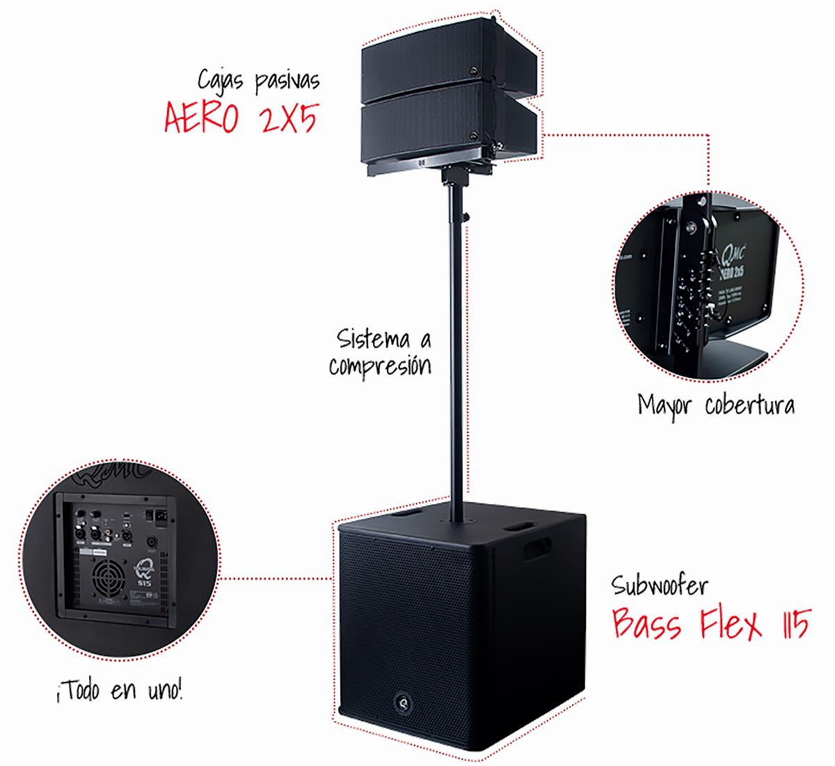 Paquete Compact: Aero 2x5 + Bass Flex 115 + Stand y tubo