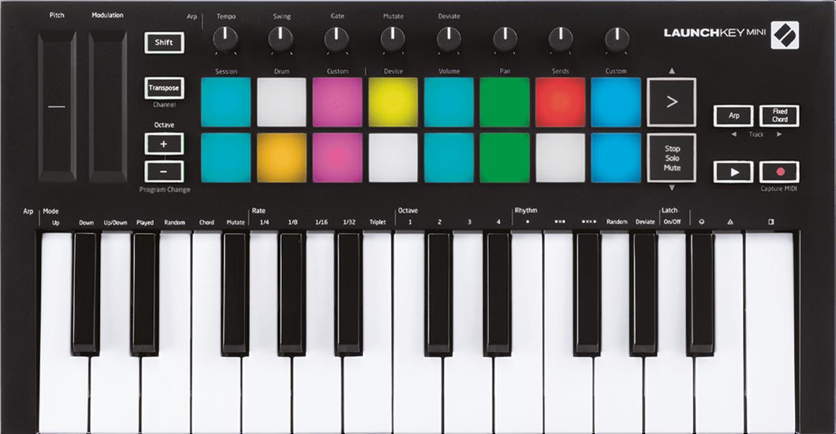 Launchkey Mini es nuestro controlador de teclado MIDI de 25 miniteclas más compacto y portátil. 
